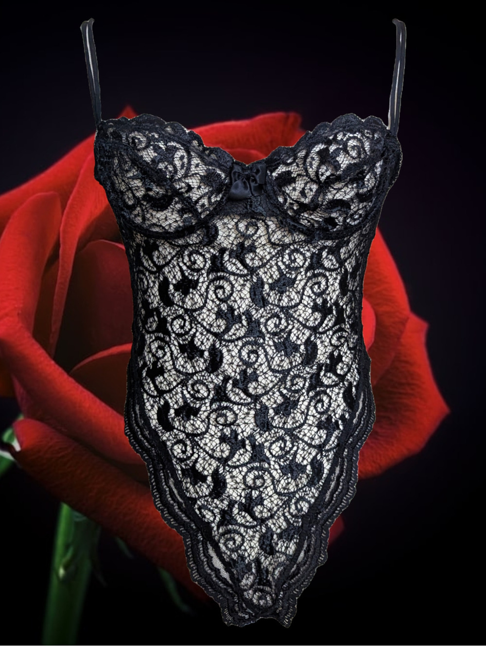 Vintage Gold Label Victoria's Secret Black Lace High Cut G-String Teddy